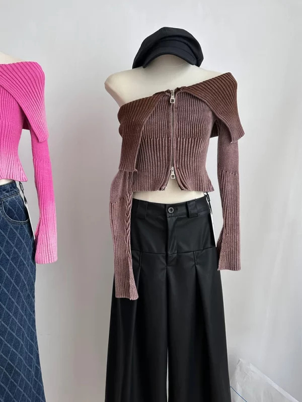 Y2K Vintage Slash Neck Cardigan: Autumn/Winter Woman's Full Zip Sweater Crop Top