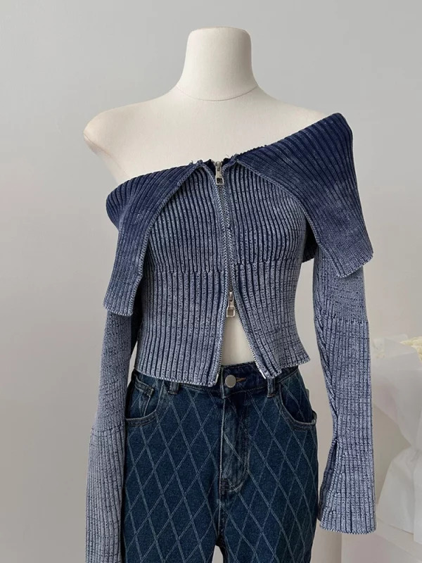 Y2K Vintage Slash Neck Cardigan: Autumn/Winter Woman's Full Zip Sweater Crop Top