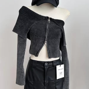 Y2K Vintage Slash Neck Cardigan: Autumn/Winter Woman's Full Zip Sweater Crop Top