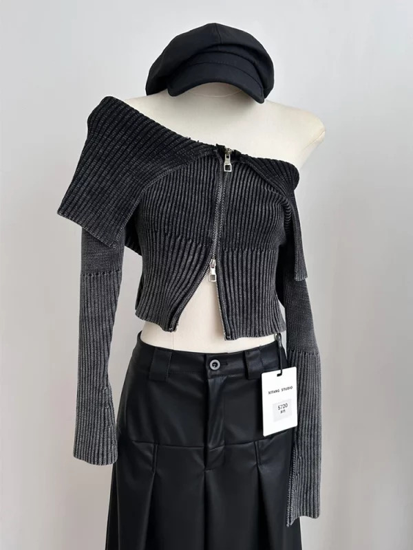 Y2K Vintage Slash Neck Cardigan: Autumn/Winter Woman's Full Zip Sweater Crop Top