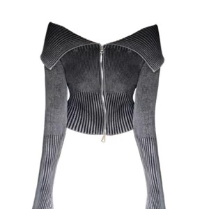 Y2K Vintage Slash Neck Cardigan: Autumn/Winter Woman's Full Zip Sweater Crop Top