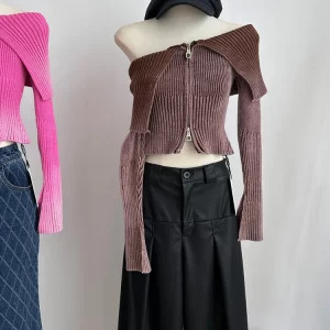 Y2K Vintage Slash Neck Cardigan: Autumn/Winter Woman's Full Zip Sweater Crop Top