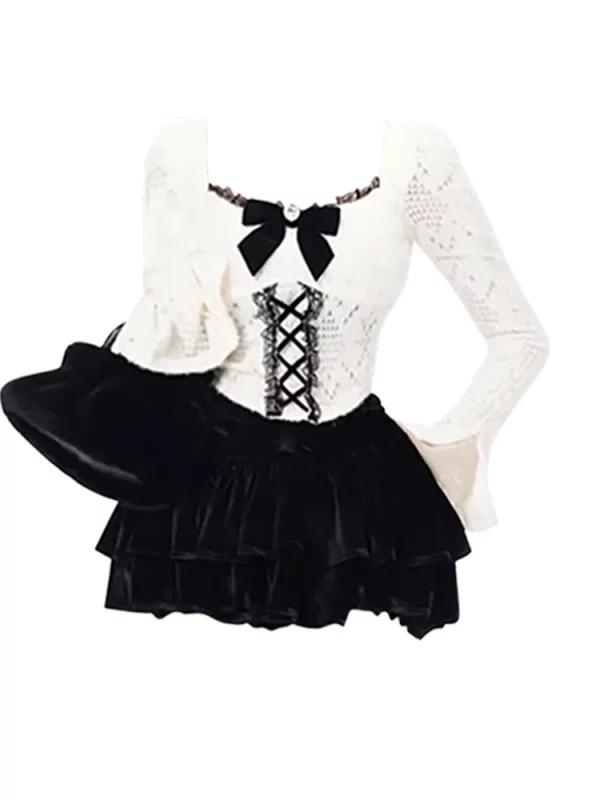 Y2K Vintage Square Collar Dark Academia Crop Top with Lace-Up Detail