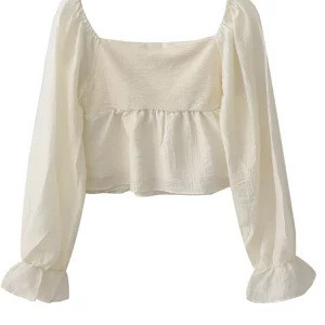 Y2K Vintage Square Collar Flare Sleeve Blouse - French Style Romantic Crop Top