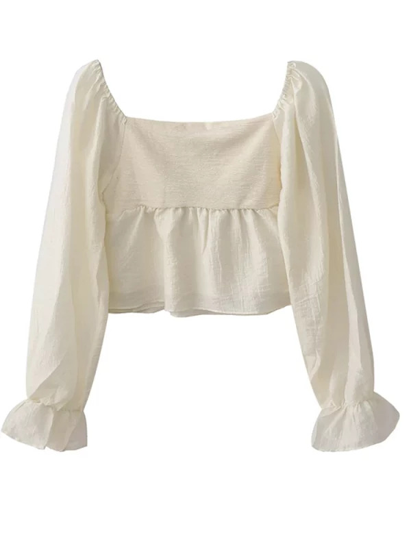 Y2K Vintage Square Collar Flare Sleeve Blouse - French Style Romantic Crop Top