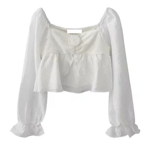 Y2K Vintage Square Collar Flare Sleeve Blouse - French Style Romantic Crop Top