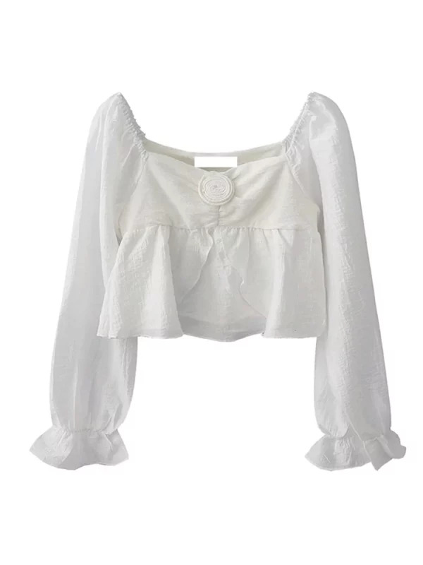 Y2K Vintage Square Collar Flare Sleeve Blouse - French Style Romantic Crop Top