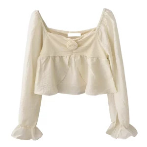 Y2K Vintage Square Collar Flare Sleeve Blouse - French Style Romantic Crop Top