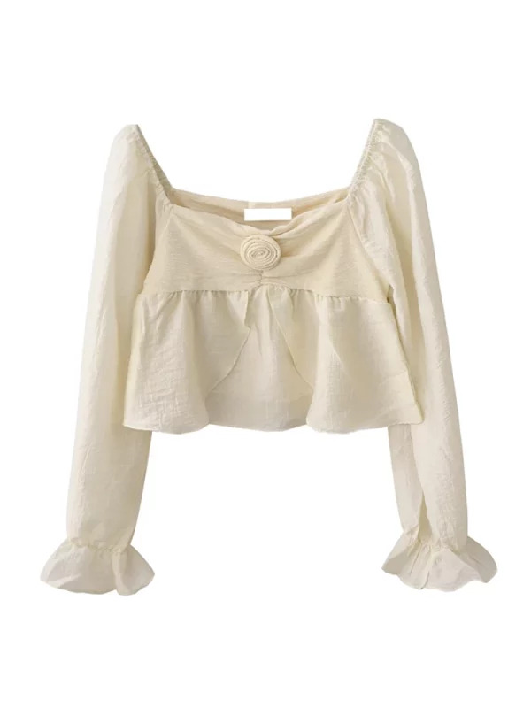 Y2K Vintage Square Collar Flare Sleeve Blouse - French Style Romantic Crop Top