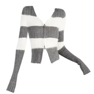 Y2K Vintage Striped Cardigan Crop Sweater - Full Zip Knitwear with V-Neck - Grunge