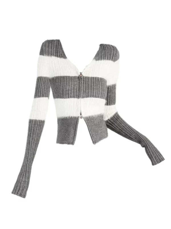 Y2K Vintage Striped Cardigan Crop Sweater - Full Zip Knitwear with V-Neck - Grunge