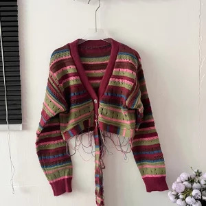 Y2K Vintage Striped Cardigan: Long Sleeve Cropped Sweater for Women - Aesthetic Bolero Baddie