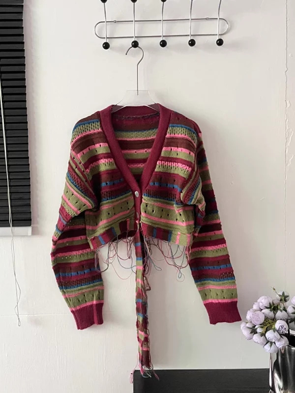 Y2K Vintage Striped Cardigan: Long Sleeve Cropped Sweater for Women - Aesthetic Bolero Baddie