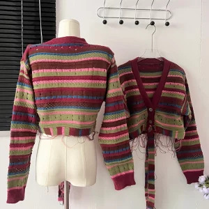 Y2K Vintage Striped Cardigan: Long Sleeve Cropped Sweater for Women - Aesthetic Bolero Baddie