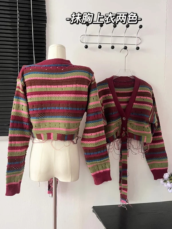 Y2K Vintage Striped Cardigan: Long Sleeve Cropped Sweater for Women - Aesthetic Bolero Baddie