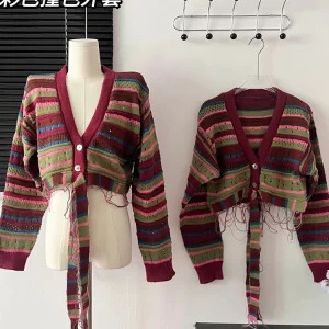 Y2K Vintage Striped Cardigan: Long Sleeve Cropped Sweater for Women - Aesthetic Bolero Baddie