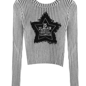 Y2K Vintage Striped Crop Sweater - American Retro Star Pullover - Long Sleeve Knitwear for Grunge and