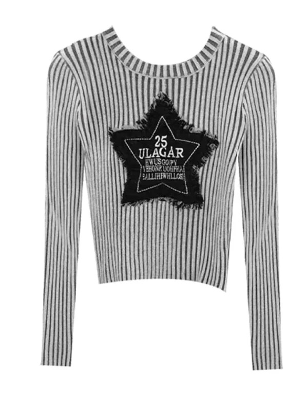 Y2K Vintage Striped Crop Sweater - American Retro Star Pullover - Long Sleeve Knitwear for Grunge and