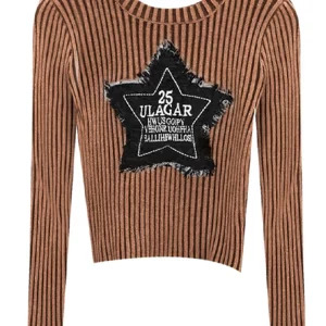 Y2K Vintage Striped Crop Sweater - American Retro Star Pullover - Long Sleeve Knitwear for Grunge and