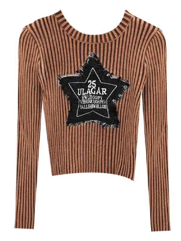 Y2K Vintage Striped Crop Sweater - American Retro Star Pullover - Long Sleeve Knitwear for Grunge and