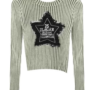 Y2K Vintage Striped Crop Sweater - American Retro Star Pullover - Long Sleeve Knitwear for Grunge and