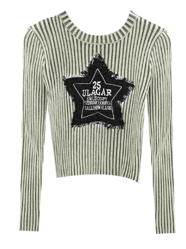 Y2K Vintage Striped Crop Sweater - American Retro Star Pullover - Long Sleeve Knitwear for Grunge and