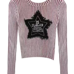 Y2K Vintage Striped Crop Sweater - American Retro Star Pullover - Long Sleeve Knitwear for Grunge and