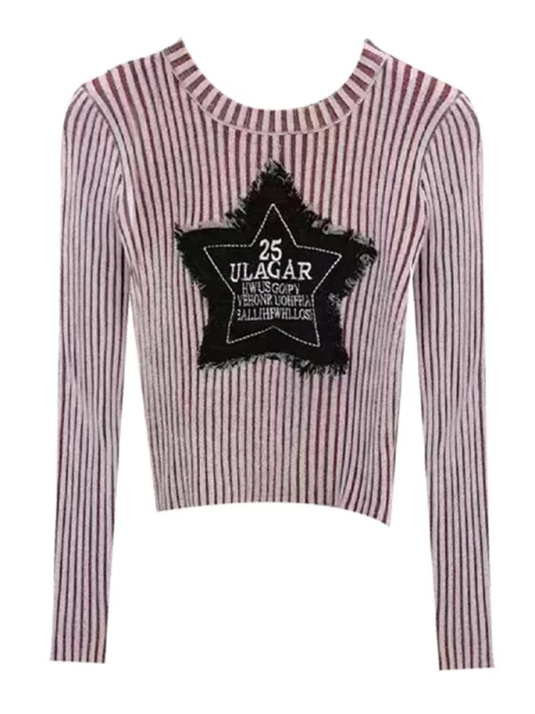 Y2K Vintage Striped Crop Sweater - American Retro Star Pullover - Long Sleeve Knitwear for Grunge and