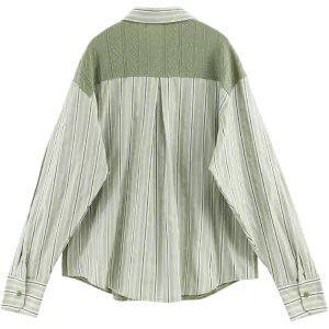 Y2K Vintage Striped Patchwork Shirt - Long Sleeve Retro Mori Girl Blouse