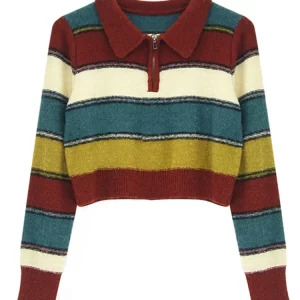 Y2K Vintage Striped Polo Collar Jumper - Long Sleeve Knitwear Pullover