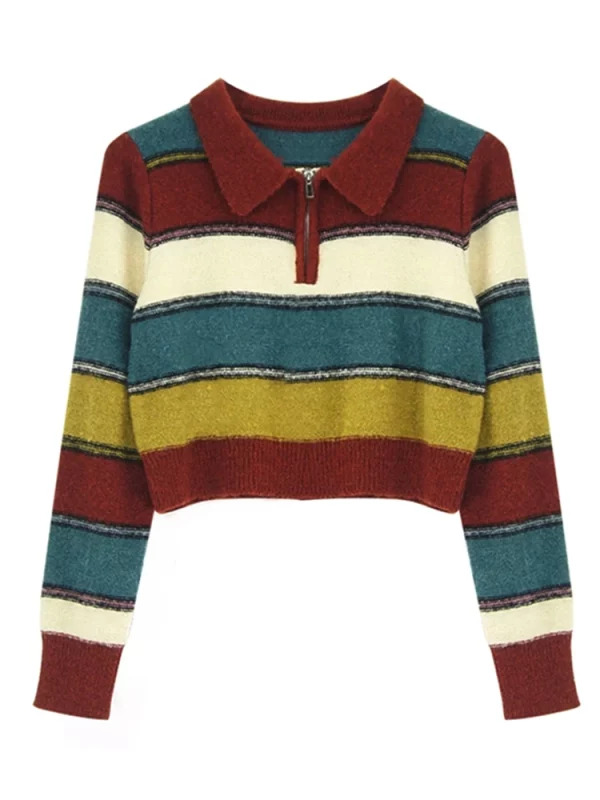 Y2K Vintage Striped Polo Collar Jumper - Long Sleeve Knitwear Pullover