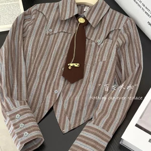 Y2K Vintage Striped Shirt with Tie - Long Sleeve Crop Top for Women