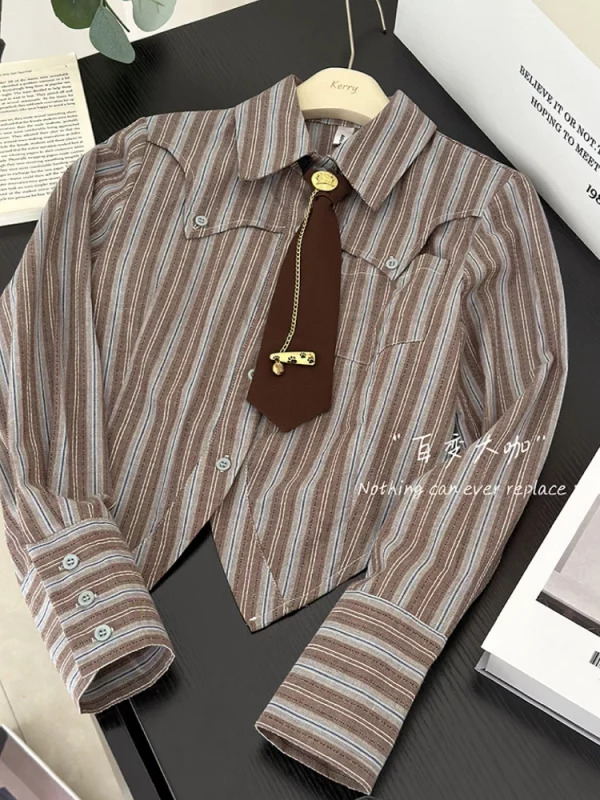 Y2K Vintage Striped Shirt with Tie - Long Sleeve Crop Top for Women