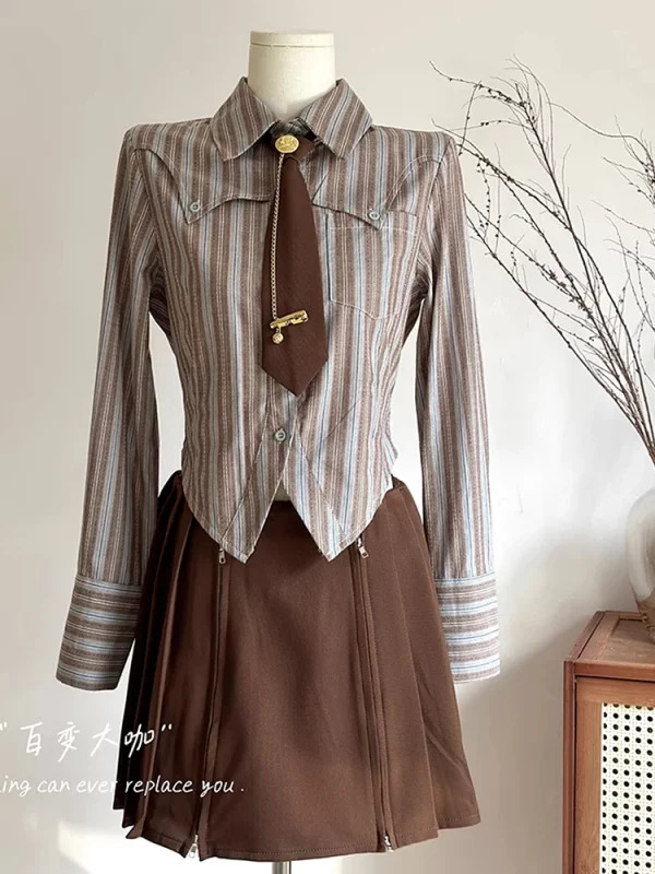 Y2K Vintage Striped Shirt with Tie - Long Sleeve Crop Top for Women