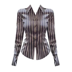 Y2K Vintage Striped Single-breasted Shirt | Long Sleeve Slim Blouse | Grunge 90s Fashion | Retro