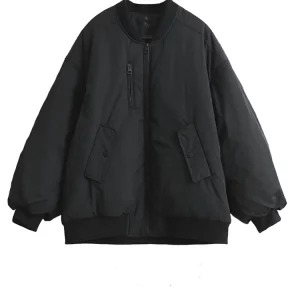 Y2K Vintage Style Black Padded Jacket - Oversized Zip-Up Coat for Women