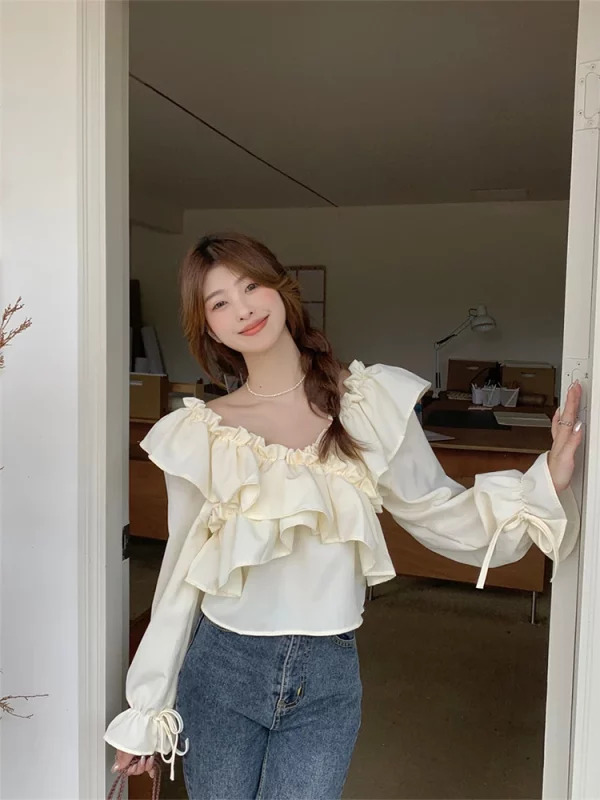 Y2K Vintage Style Chiffon Blouse with Ruffles - French Romantic Mori Girl Shirt