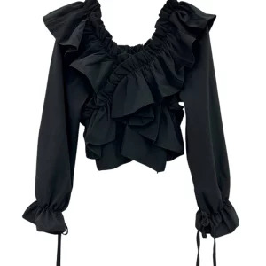 Y2K Vintage Style Chiffon Blouse with Ruffles - French Romantic Mori Girl Shirt