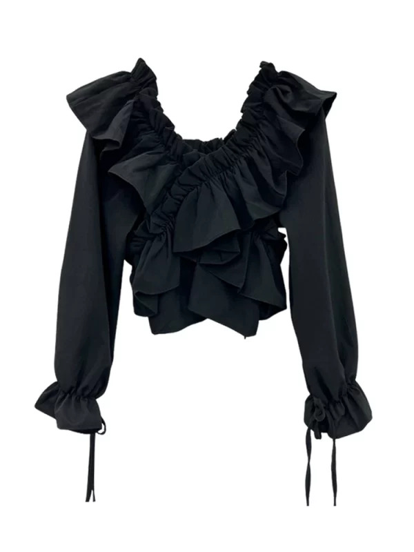 Y2K Vintage Style Chiffon Blouse with Ruffles - French Romantic Mori Girl Shirt