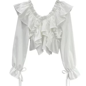 Y2K Vintage Style Chiffon Blouse with Ruffles - French Romantic Mori Girl Shirt