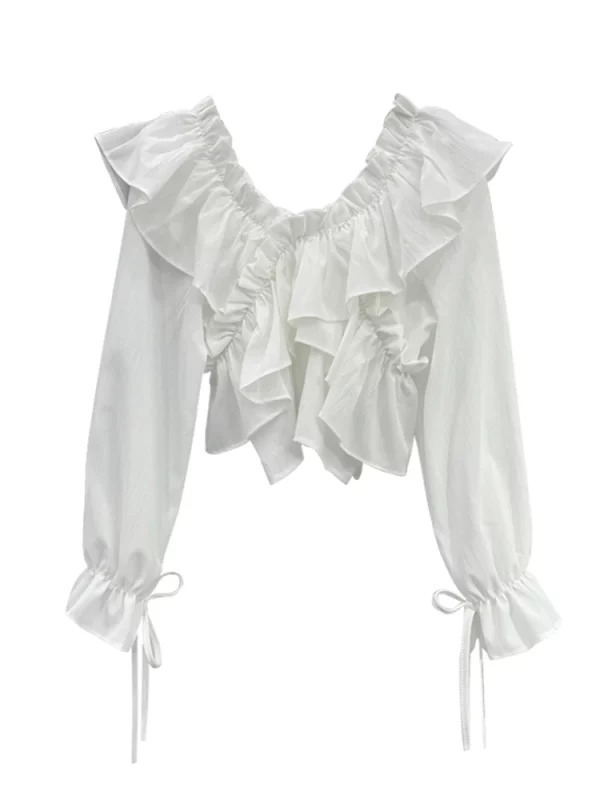 Y2K Vintage Style Chiffon Blouse with Ruffles - French Romantic Mori Girl Shirt