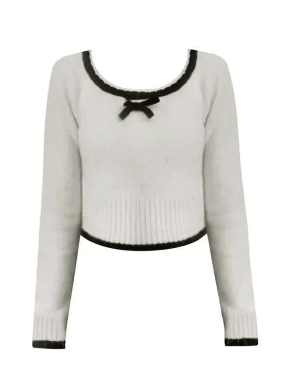 Y2K Vintage Style Cropped Sweater with Bow Detail - Autumn/Winter Korean Mori Girl Jumper