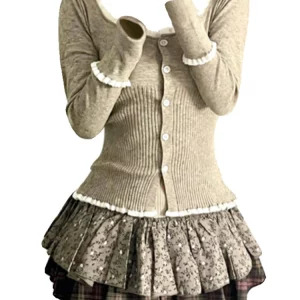 Y2K Vintage Style Lace Spliced Cardigan - Korean Fashion Square Collar Sweater