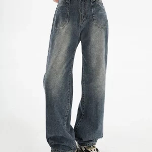 Y2K Vintage Wash Denim Pants with Star Design - Women's Grunge Style Straight Leg Jeans