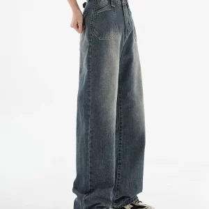 Y2K Vintage Wash Denim Pants with Star Design - Women's Grunge Style Straight Leg Jeans