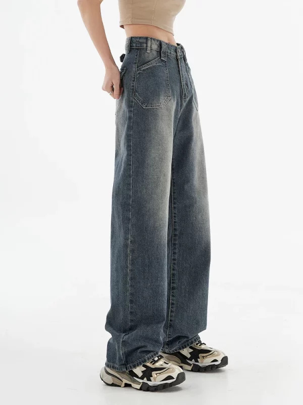 Y2K Vintage Wash Denim Pants with Star Design - Women's Grunge Style Straight Leg Jeans