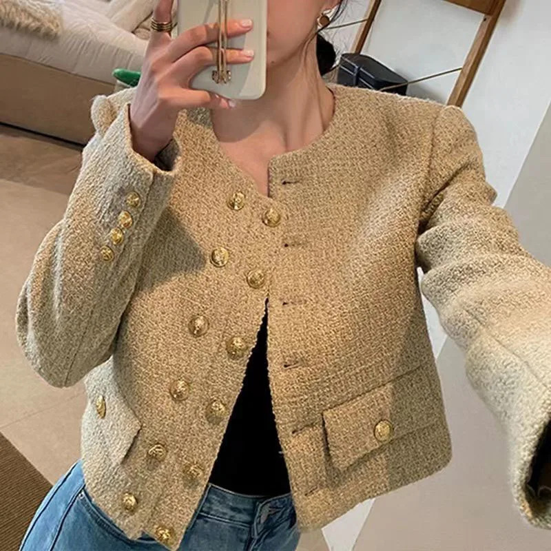 Y2K Vintage Women's Tweed Jacket - Chic Double-Breasted, Elegant Korean Fashion, Retro 90s Style