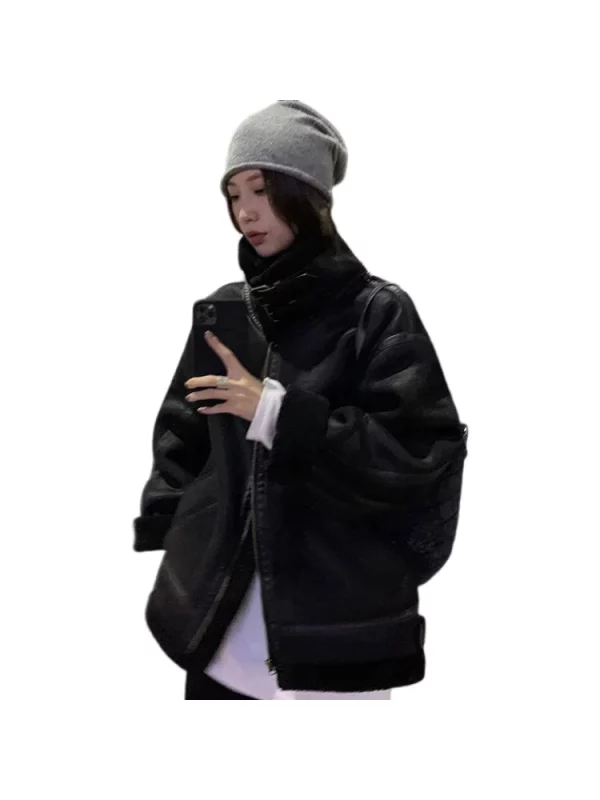 Y2K Vintage Zip-Up Oversize Lambs Wool Jacket - Korean Street Style