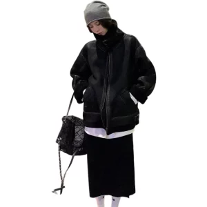 Y2K Vintage Zip-Up Oversize Lambs Wool Jacket - Korean Street Style