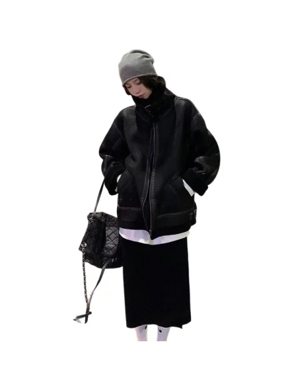 Y2K Vintage Zip-Up Oversize Lambs Wool Jacket - Korean Street Style